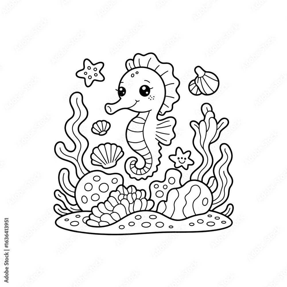 Obraz premium Adorable Seahorse in Underwater Scene Line Art Illustration