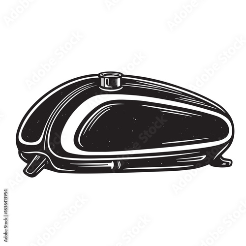 Detailed black and white illustration of a vintage motorcycle gas tank in a vector style