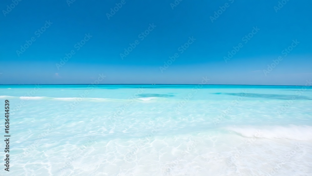 Fototapeta premium A serene view of a tropical beach with clear turquoise water and a bright blue sky on a sunny day