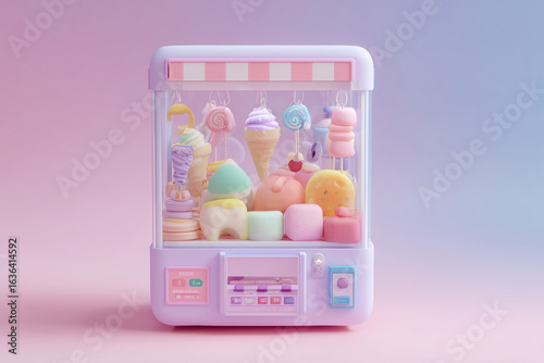 3d pastel claw machine filled with cute ice cream and dessert toys, Playful arcade scene showcasing kawaii treats in a candy-colored setting.
