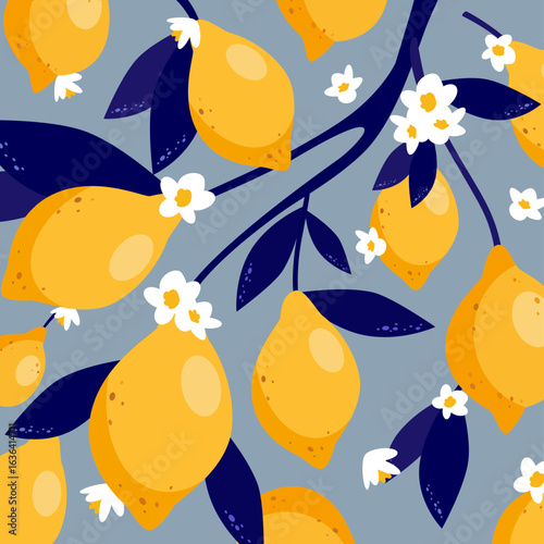 Beautiful pattern with fresh lemons with leaves and flowers in sunny Mediterranean style. Ready summer print design for wallpapers, wrappings, textile. Healthy food, diet and detox concept. Flat lay