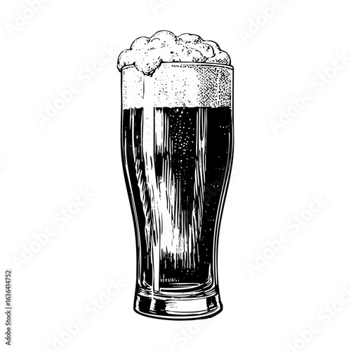 Detailed Black and White Engraving of a glass of beer full of foam in Black and White Detailed Line Art