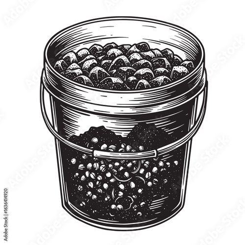 Detailed engraved illustration of a bucket filled with black soil and seeds ready for planting