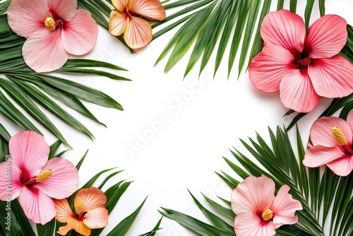 Frame of exotic flowers with copy space isolated on white background