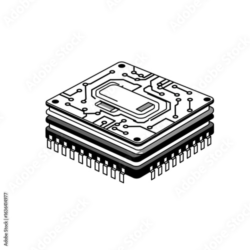 Isometric view of layered integrated circuit board silhouette