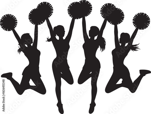 Silhouette of four jumping cheerleaders with pom-poms on white background cheerleading group