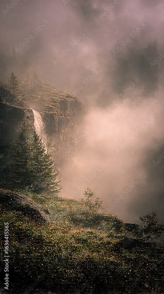 Fototapeta premium Misty waterfall mountain landscape