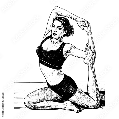 woman yoga stretching pose	in black and white Line Art