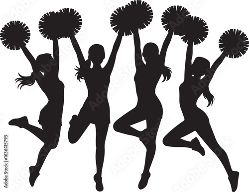Silhouette of four jumping cheerleaders with pom-poms on white background cheerleading group