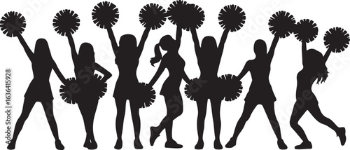 Silhouette of seven cheerleaders with pom-poms and skirts on white background cheerleading group