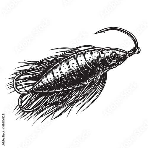 Detailed illustration of a vintage fish lure featuring sharp hooks and detailed engraving style