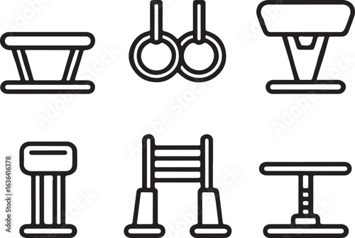 Gymnastics Equipment Outline Icons – Balance Beam, Rings, Vault Table, Pommel Horse, and Uneven Bars