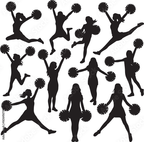 Collection of ten black silhouettes of cheerleaders with pom-poms Keywords: cheerleaders