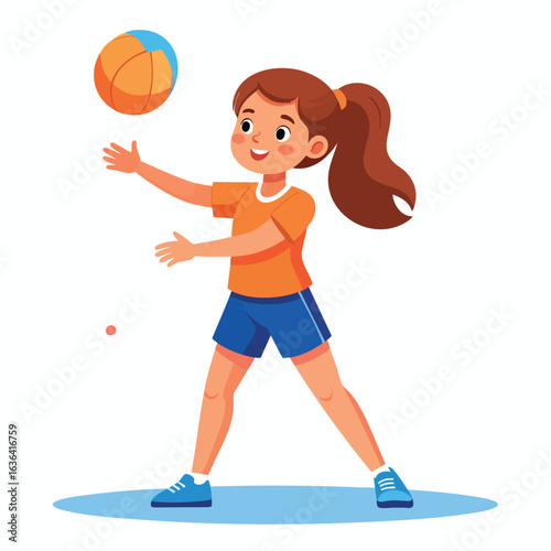 A young girl with brown hair playing volleyball, preparing to serve the ball.