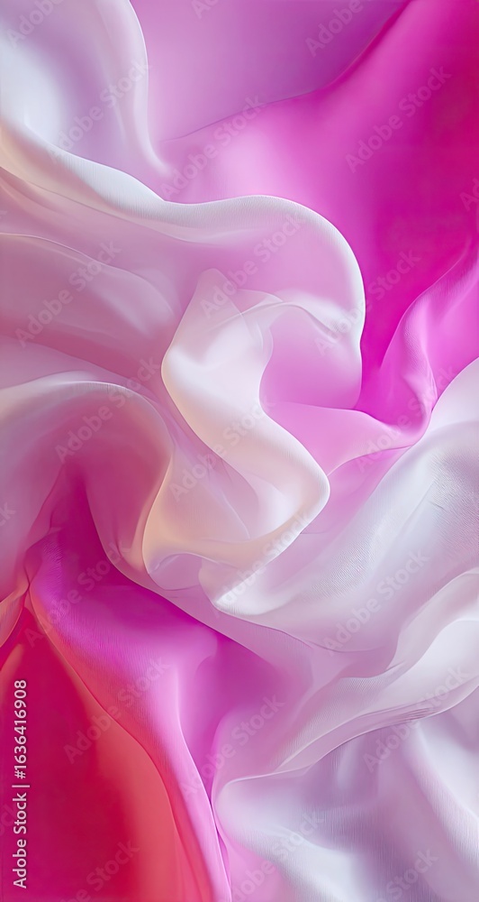 Close-up of draped, vibrant pink and white silk fabric. Soft, flowing folds Close-up of draped, vibrant pink and white silk fabric. Soft, flowing folds