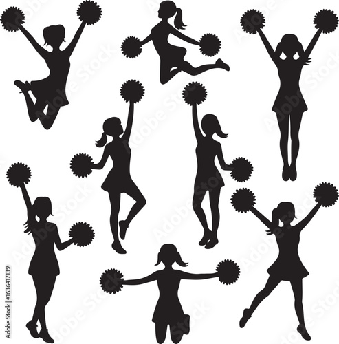 Collection of seven black silhouettes of cheerleaders with pom-poms Keywords: cheerleaders