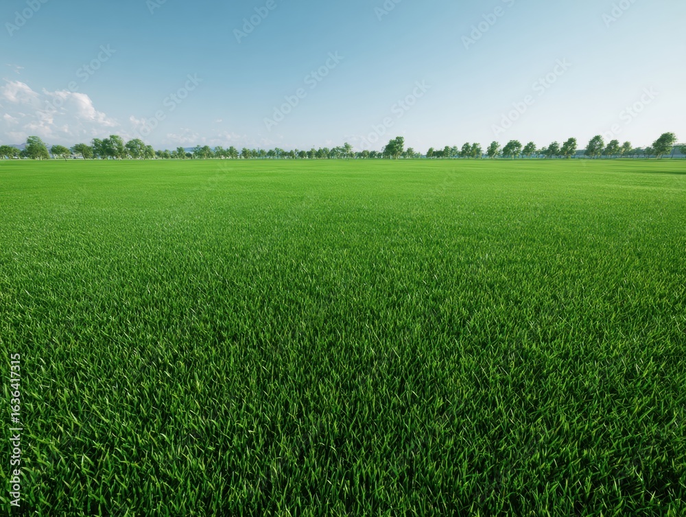 Obraz premium Lush Green Grass Field Under Clear Blue Sky with Gentle Horizon