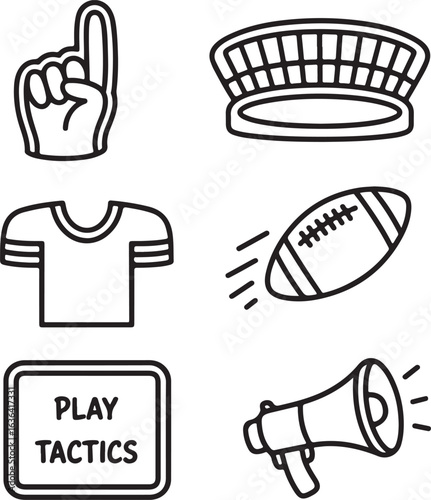 Hand-Drawn Football Game Day Icons – Stadium, Jersey, Ball in Motion, Tactics, and Foam Finger
