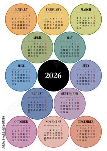 2026年の年間カレンダー 月曜始まり日本の祝日表記は無し