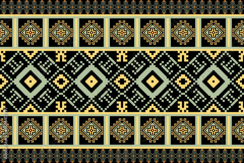 Seamless ethnic pixel pattern in Black Olive and Gold tones. Ideal for textiles, wallpapers, fashion prints, crafts, or digital cultural design projects.