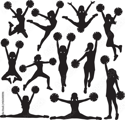 Collection of cheerleaders in silhouette performing various dynamic poses Keywords: cheerleading