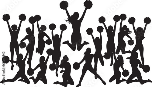 Group of cheerleaders in silhouette jumping and posing with pom poms Keywords: cheerleading