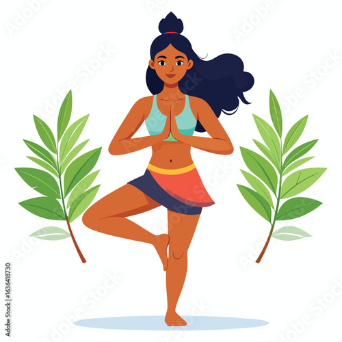 Woman in yoga pose (tree pose) with hands in prayer position, surrounded by green leaves.