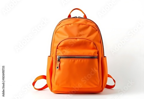 Bright orange backpack with zippered pockets and straps
