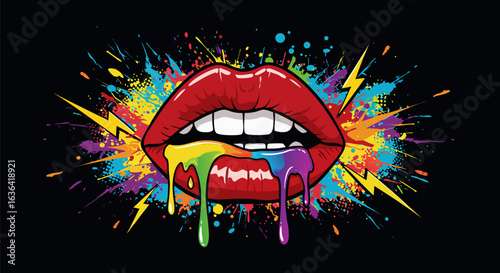 Expressive pop art illustration of red lips with dripping rainbow paint. A colorful splash and lightning bolts explode on a black background.
