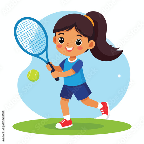 A cartoon girl in tennis attire, holding a racket and a tennis ball, in a dynamic playing pose.