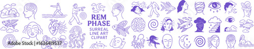 Purple minimal line art icons about dreams, REM sleep, and surreal minds—ideal clipart for blogs, posters, wellness, and therapy projects. REM Phase Surreal Line Art Icons Collection vector