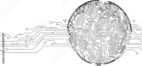 Global digital network, illustration of a world map formed by integrated circuit lines. Tech design element.
