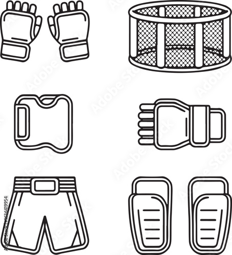 MMA Gear Essentials Outline Icons – Gloves, Mouthguard, Octagon Cage, Wraps, Shorts, and Pads