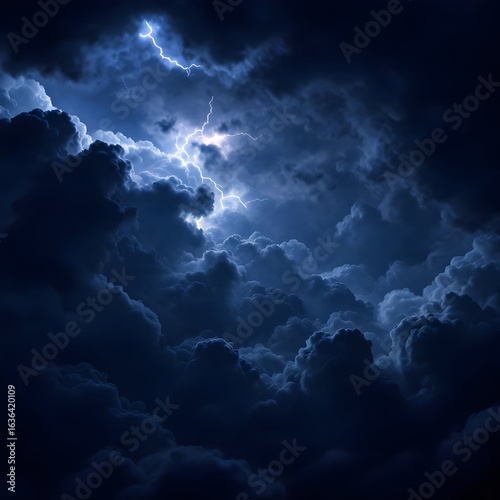 Fototapeta Naklejka Na Ścianę i Meble -  A dramatic sky filled with dark clouds and a bright lightning strike illuminating the night atmosphere