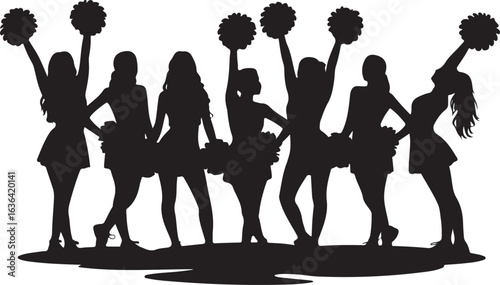 Group of cheerleaders standing together with pom poms on white background cheerleading team