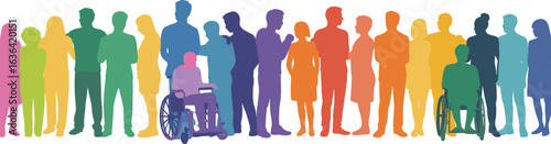 Colorful diverse community silhouettes, inclusion and accessibility, people with disabilities, unity, equality, teamwork, social support, human rights, group diversity.