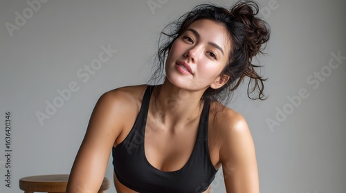 Confident and captivating young woman posing in a studio setting with her curly hair and striking features creating an alluring and sophisticated look