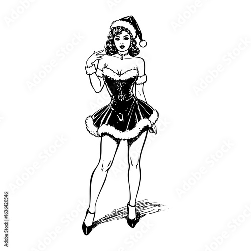 pinup woman wear santa clause costume engrave black and white sketch