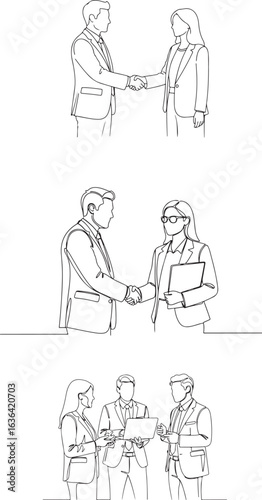 Business meeting handshake, line art illustration with confident man and woman in suit
