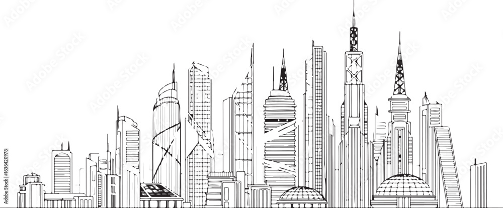 Cityscape architecture sketch with skyscrapers and modern buildings, black and white vector illustration