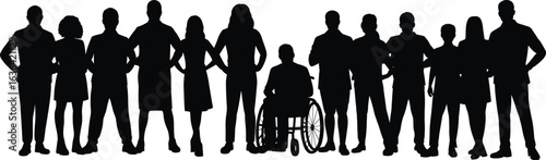 Diverse group of people silhouette standing together, including a person in wheelchair, teamwork, unity, inclusion, community, equality concept.