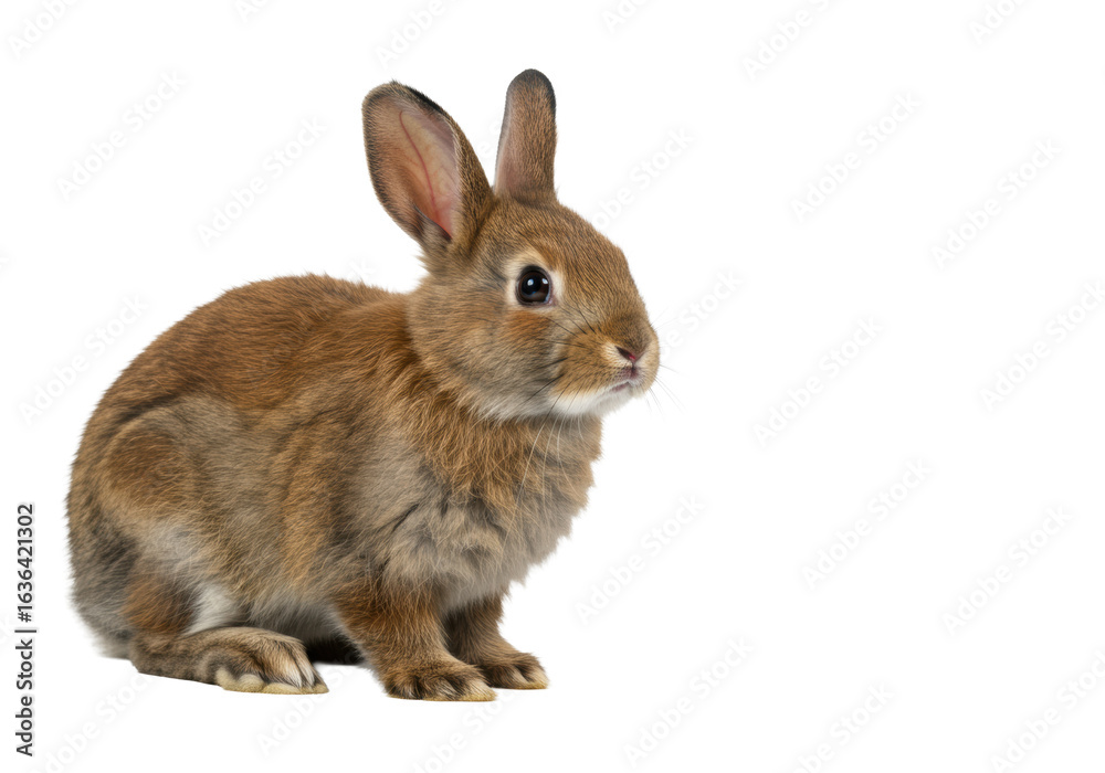 Fototapeta premium Attentive fluffy brown rabbit with soft, detailed fur and perked ears, its bright eyes intently focused, eye-level medium shot on transparent studio background. Concept of business agility and