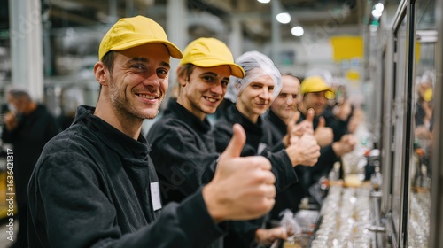 Factory workers smiling and giving thumbs up in a production line