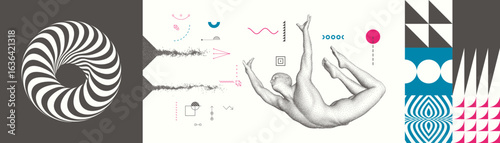 Jumping man. Guy flying or falling in the air. 3D model of human body. Art composition. Geometric design. Torus. Vector illustration for brochure, flyer, cover, poster, presentation or banner.