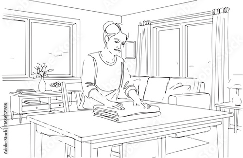 Woman folding laundry on a table in living room interior illustration