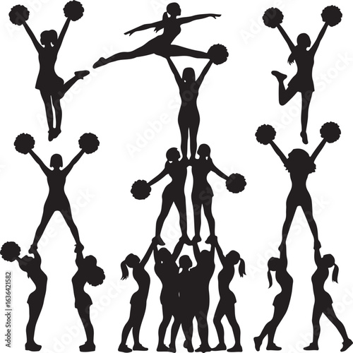 Silhouettes of cheerleaders performing stunts and pyramids on a white background cheerleading