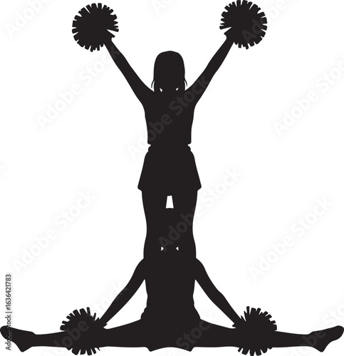 Two cheerleader silhouettes in a pyramid pose with pom poms and split legs cheerleading sport