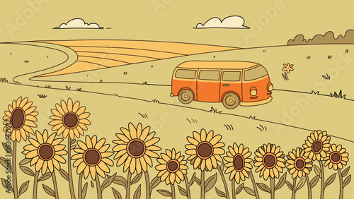A cheerful vector illustration of an orange vintage van driving through a scenic countryside with rolling hills and a field full of blooming sunflowers. Peaceful summer road trip in nature.