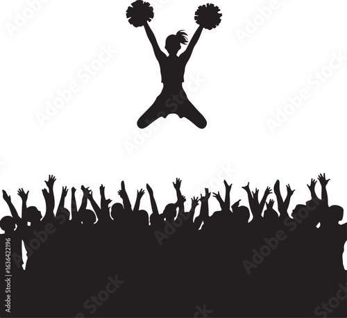 Silhouette Cheerleader Jumping Above Crowd with Hands Raised on White Background cheerleading audience