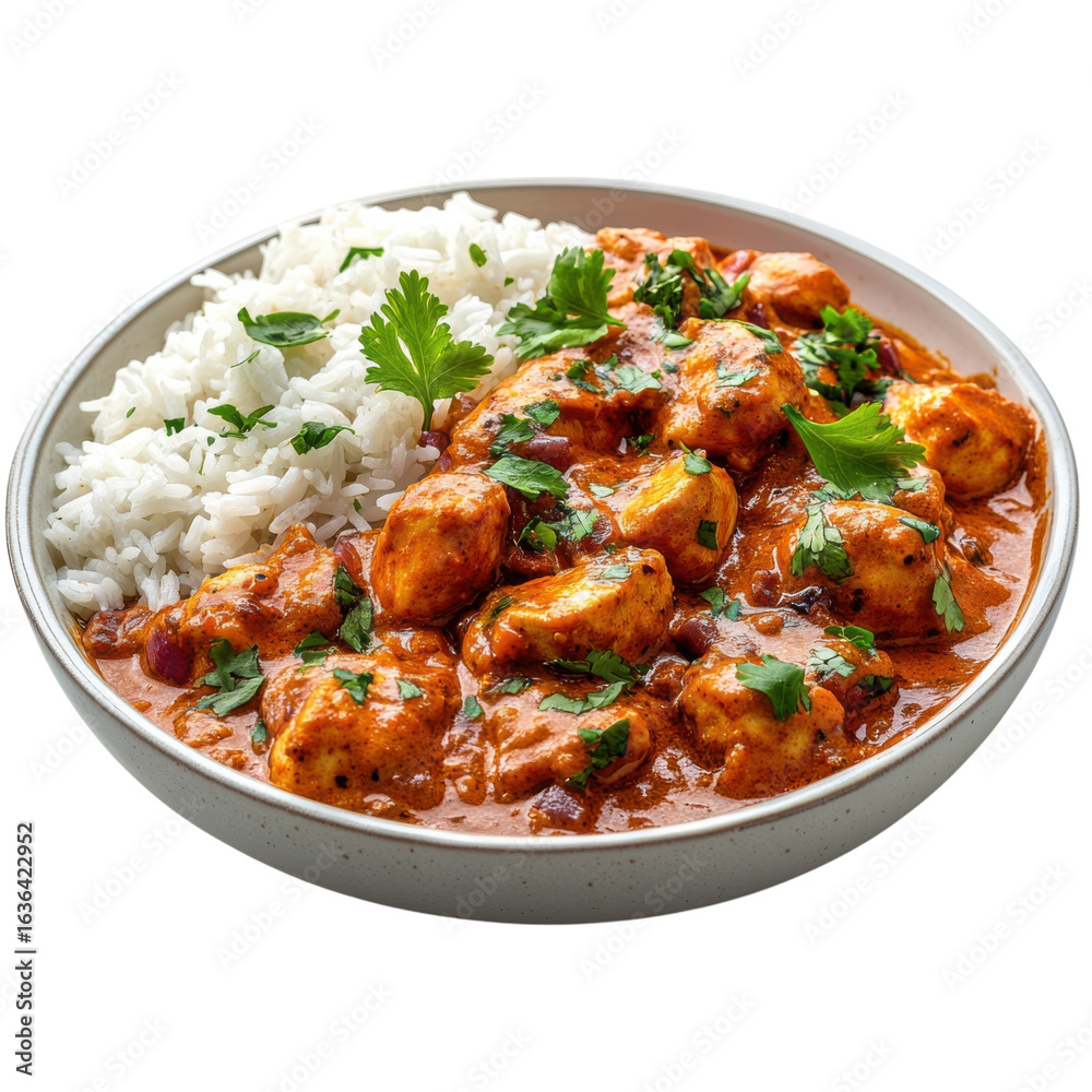 Delicious chicken curry with rice, garnished with fresh cilantro, a flavorful and aromatic dish perfect for culinary projects and food blogs on transparent background Delicious chicken curry with rice, garnished with fresh cilantro, a flavorful and aromatic dish perfect for culinary projects and food blogs on transparent background